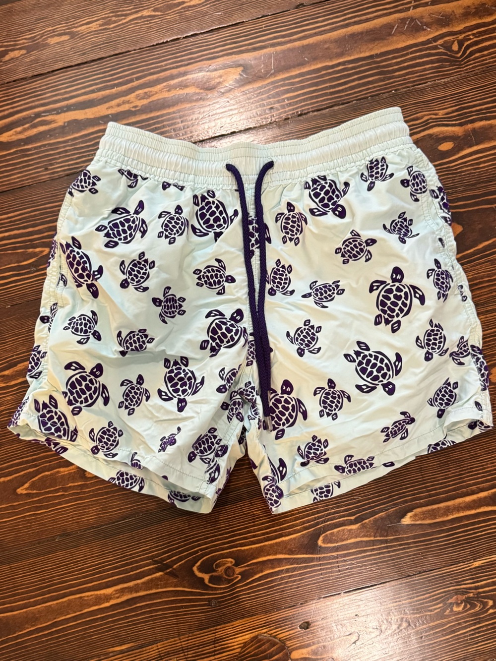 Vilebrequin Mint Green Mens Swim Shorts with Purple Turtle Print